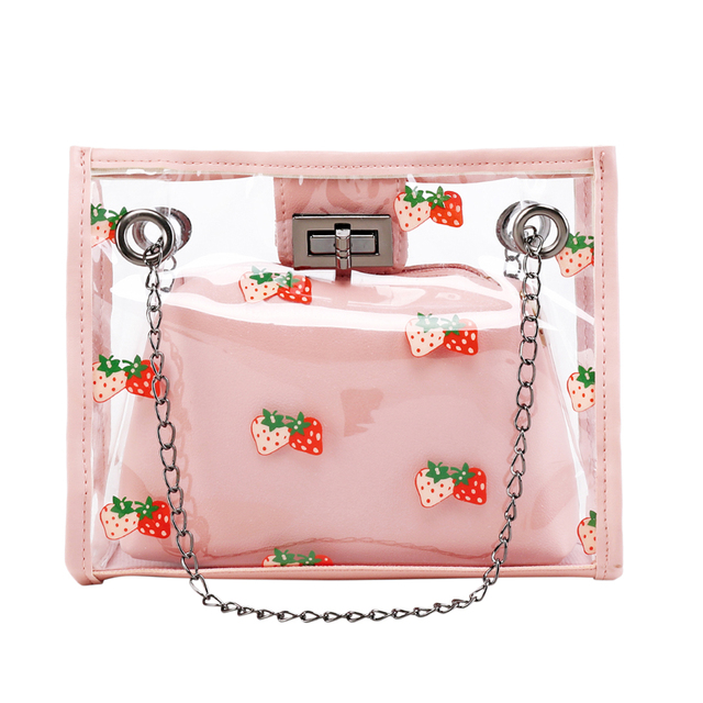 2022 Fashion Women Transparent Sweet Strawberry Pattern Clutches Shoulder Bag Chain Block Color Messenger Handbag Composite Tote