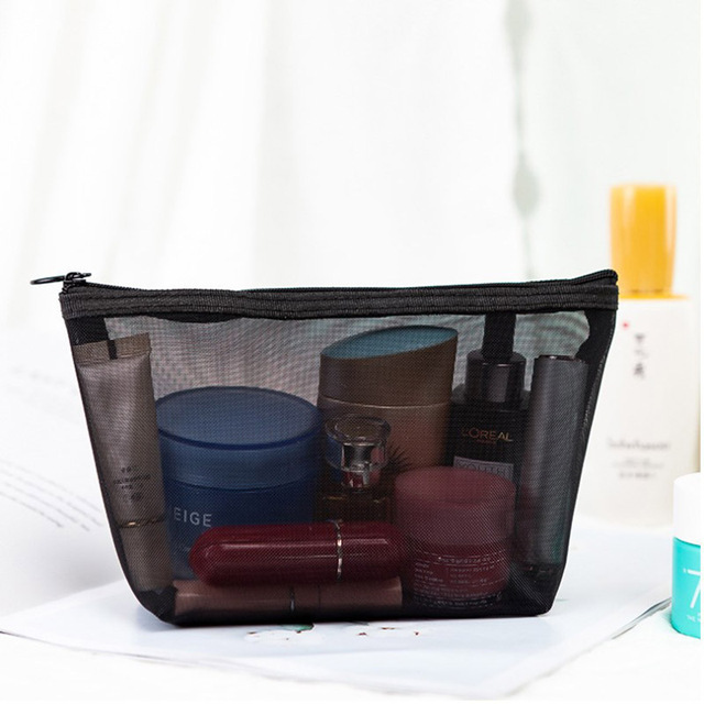 1pc Black Transparent Wash Bags Portable Breathable Trapezoid With Zipper Nylon Travel Mesh Large Capacity Cosmetic Bag