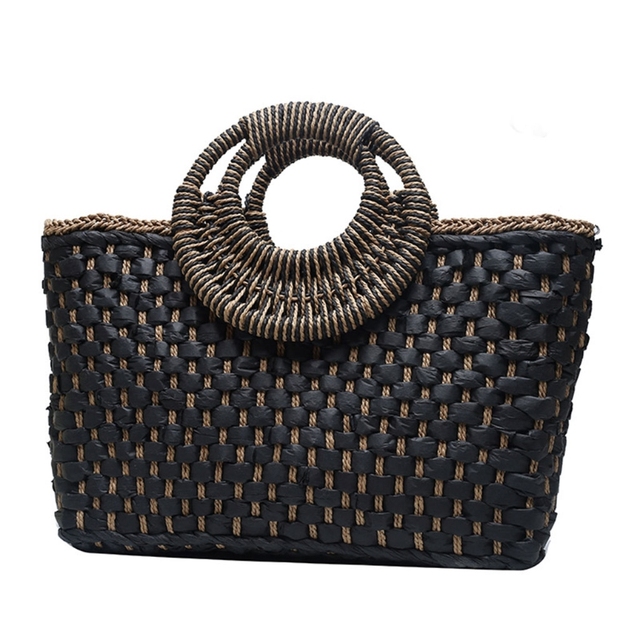 bohemian women summer beach woven straw handbag with round top handle travel vacation weave zipper large top basket bag