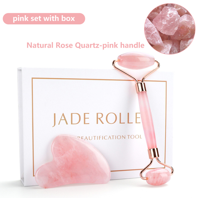 Natural Pink Quartz Jade Roller Gua Sha Set Facial Body Massager Roller Stone Jade Massage Set Face Lifting Beauty Massage Device