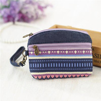 Women Ethnic Cotton Fabric Coin Purse Clutch Card Key Holder Children Kids Wallet Double Zipper Coin Purse porte monnaie femme