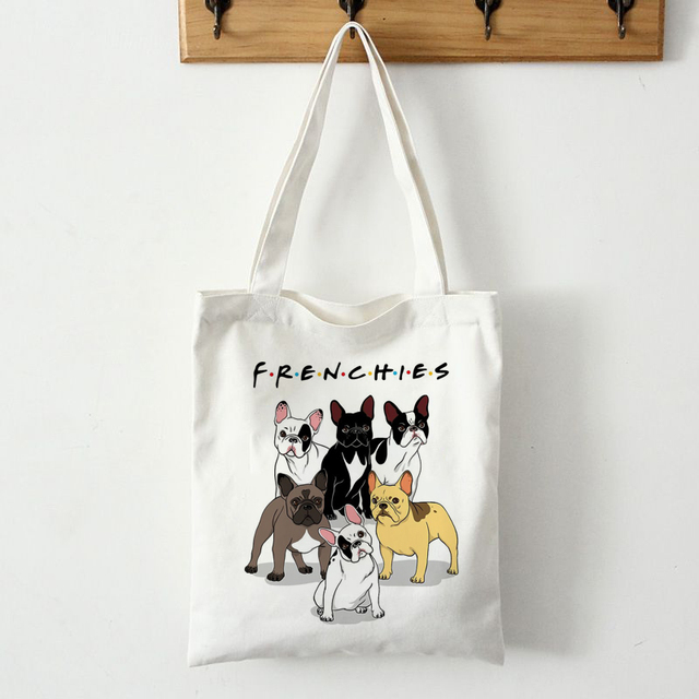 Reusable Canvas Shopping Bag Women Bag With French French Bulldog Print Students Teacher Book Travel Storage Shoulder Bags