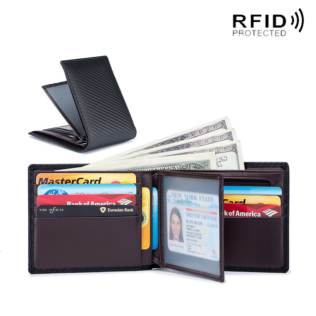 Rfid-محفظة من الجلد الطبيعي وألياف الكربون للرجال ، محفظة رجالية من الجلد الطبيعي مع حامل بطاقات ، محفظة صغيرة ، محفظة سوداء