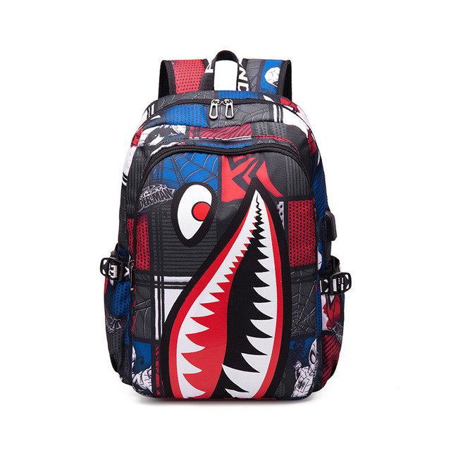 Fashion trend lightweight shark boy student backpack computer USB charging simple printing personality junior high school bag