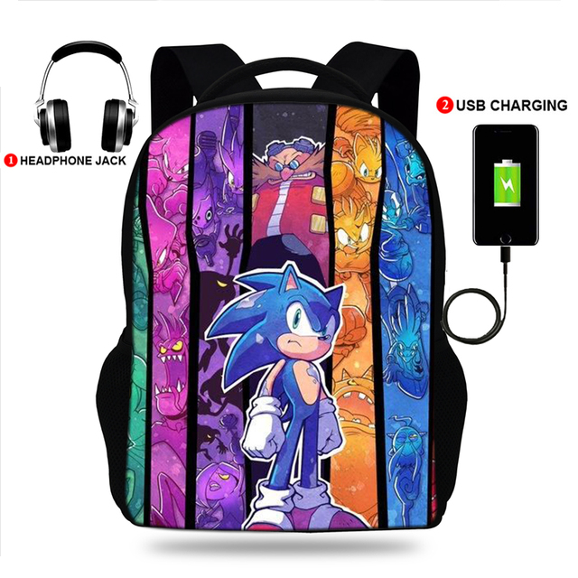 17 Inch Sonici The Hedgehog School Backpack Bag 3D Print Usb Free Bookbag Student Backpacks For Teenage Boys Girls