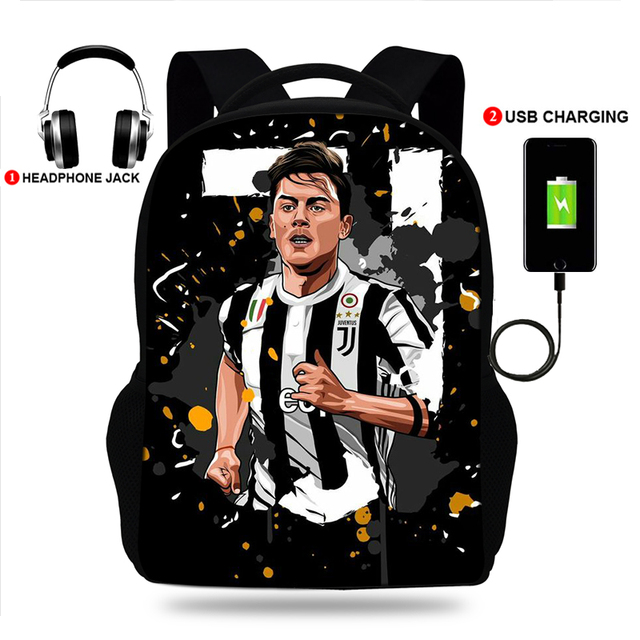 Oxford Paulo Dybala School Backpack, School Backpack with USB Cable and Shoulder Bag for Teenagers Girls Boys