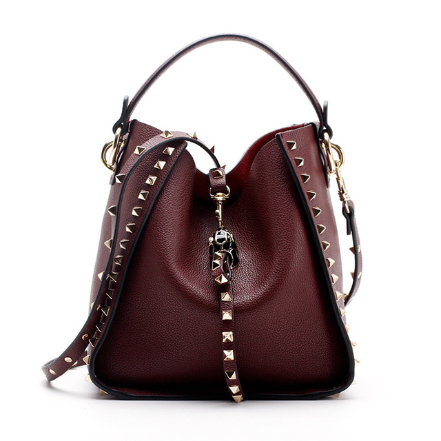 Genuine leather rivet bucket bag, purses and handbags luxury designer studded cowhide ladies shoulder bag with crossbody strap