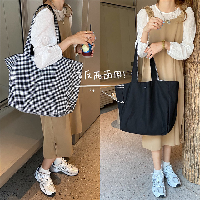 Women Shoulder Bag 2021 Canvas Tote Bags Girl Fashion Casual Solid Color Plaid Shopper Bags Large Capacity Double Sided Handbags