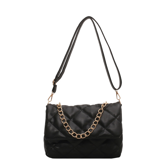 Women's PU Leather Diamond Lattice Shoulder Bag Lady Embroidery ThreadChain Flap Crossbody Bag