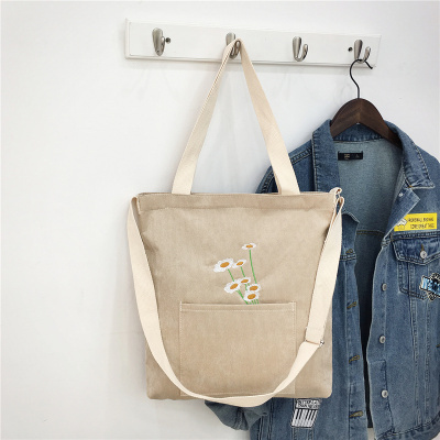 Women Shoulder Bag 2021 Cute Corduroy Tote Bag With Zipper Fashion Girl Shopper Bags Embroidery Mini Bags Daisies Crossbody