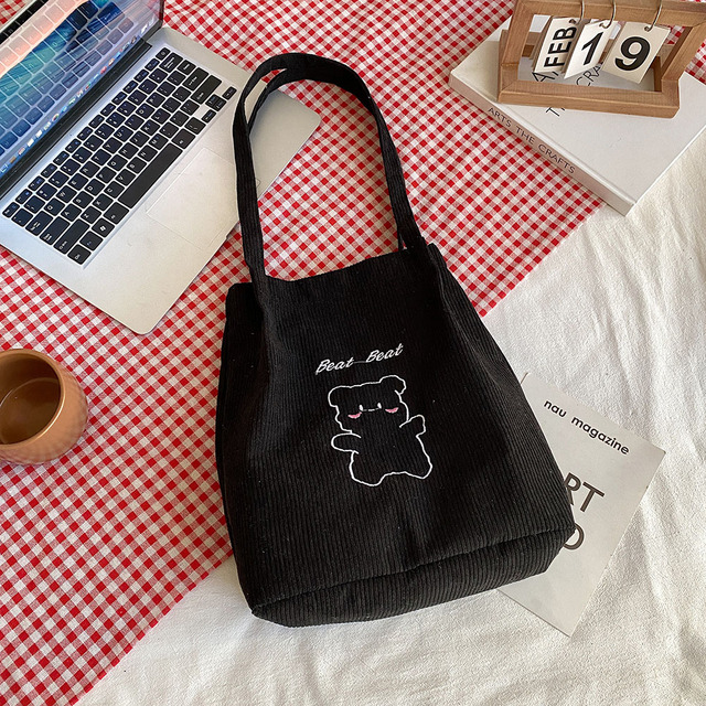 Women Corduroy Shoulder Bag Female Canvas Cloth Bucket Bag Girls Cartoon Bear Print Handbag 2021 Reusable Eco Grocery Travel Bag