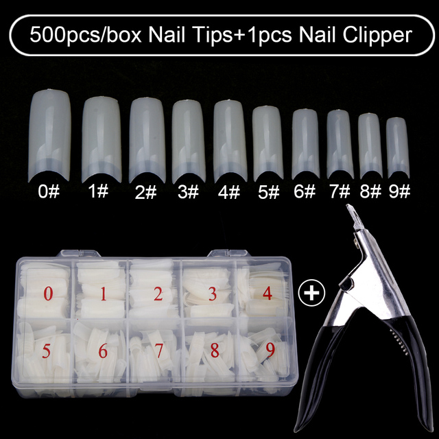 500pcs/box Clear Artificial False Nail Tips Capsule with Nails Cutter Coffin French Full Cover Fake Nails Manicure Tools