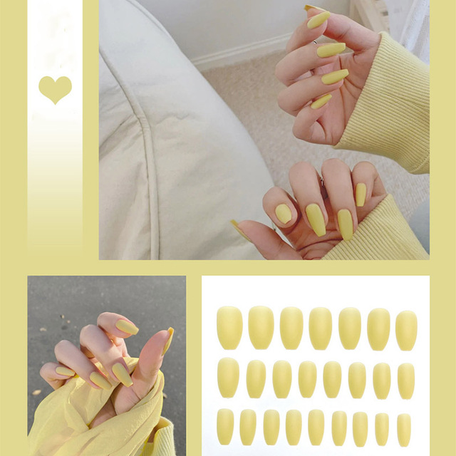 24pcs/box full cover fake press on nails matte yellow pure acrylic frosted ballerina acrylic for nails for women free shipping