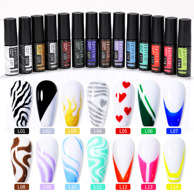 LILYCUTE 14 Colors 5ml Polish Line Gel Kit Nail Art Design UV/LED Nail Polish Drawing Polish DIY Painting Varnish Liner Gel