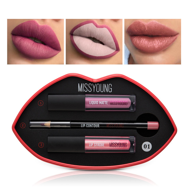 3 in 1 lip liner pen with 2 lip gloss lip tint maquiagem waterproof makeup matte liquid lipstick cosmetics matte makeup set