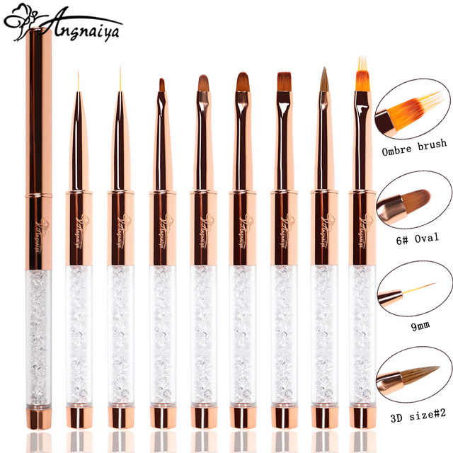 ANGNYA 9pcs/set Rose Gold Nail Art UV Gel Brush Set Pen Nail Art Builder Flat Crystal Painting Drawing Carving Pen Manicure Tool