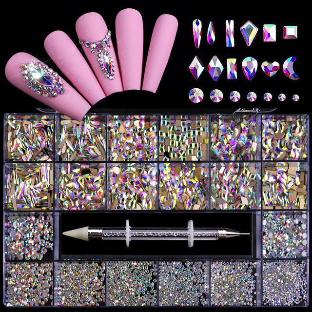 Luxury Box Shiny Diamond Nail Art Rhinestone Crystal Glass Set Decorations Set 1pcs Pick up Pen in Grids Box 21 Shapes of 2500pcs