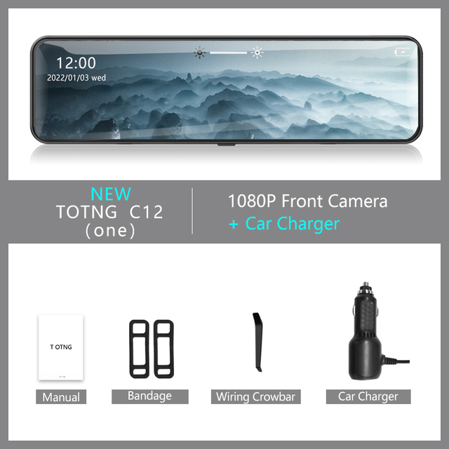 TOTNG Car DVR Touch Screen Stream Media Dual Lens 1080P Video Recorder 12" Dashcam Rearview Mirror With 1080P Rear Camera