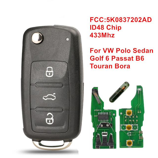 434MHz Key ID48 Remote Key Chip For Volkswagen Polo Sedan Golf 6 Passat B6 Volkswagen Touran Bora 5K0837202AD