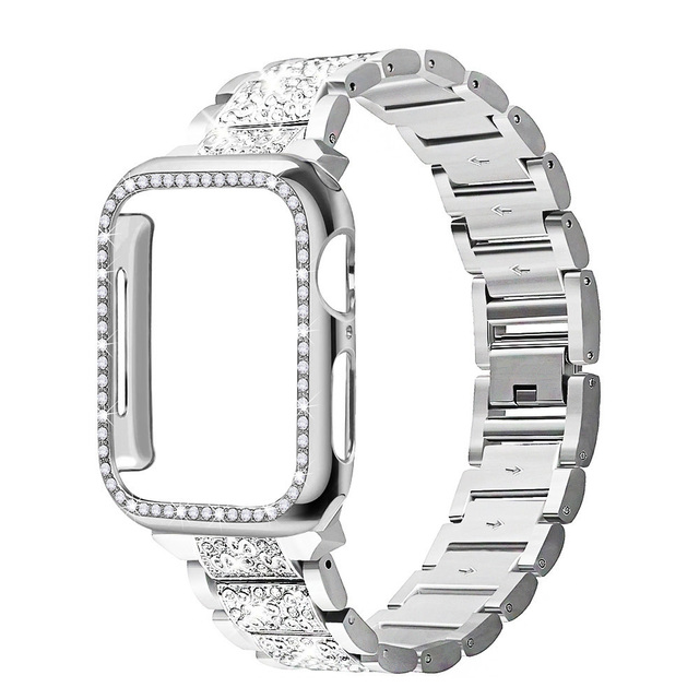 Case + Bling Strap for Apple Watch Band 40mm 44mm 41mm 45mm 38mm 42mm 40mm Diamond Metal Bracelet iWatch Series 3 4 5 6 se 7 band