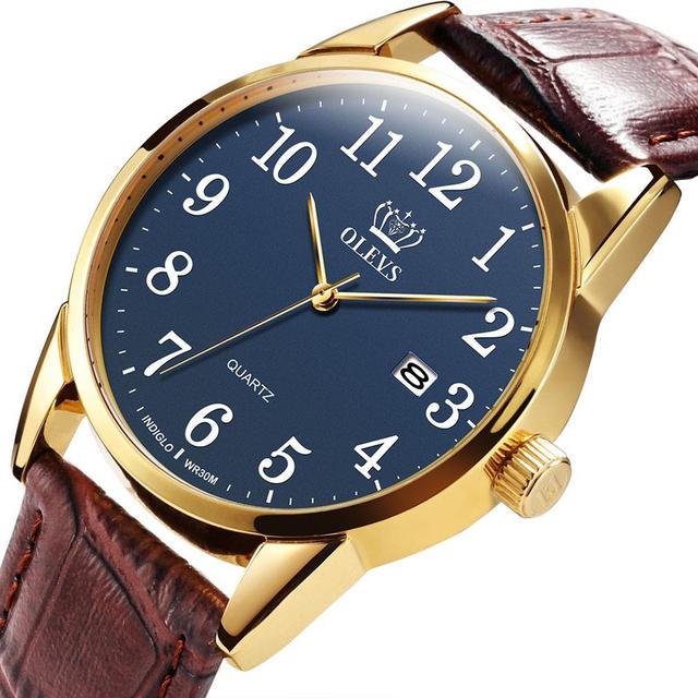 OLEVS Men's Quartz Watch Top Brand Fashion Casual Luxury Dress Genuine Brown Leather Strap Men's Watches Waterproof Wristwatch