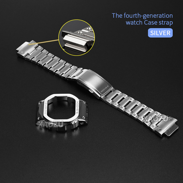 XAOZU 316L Stainless Steel Watchband Bezel/Case DW5600 G5600E GW5000Metal Strap Watch Band GW5000 DW5035 With Tools For Silver