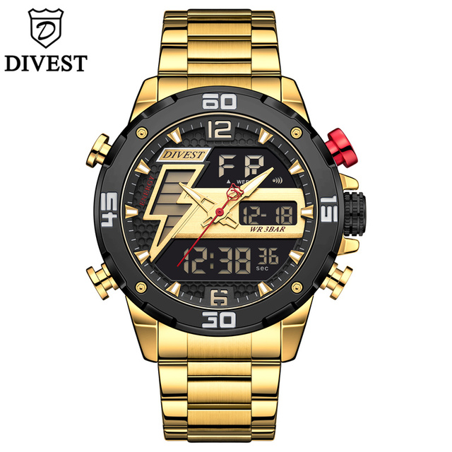 DIVEEST Authentic Gold Watch Men Luxury Brand Analog Quartz Casual Sports Watch Digital Military Chronograph Wrist Watches for Men