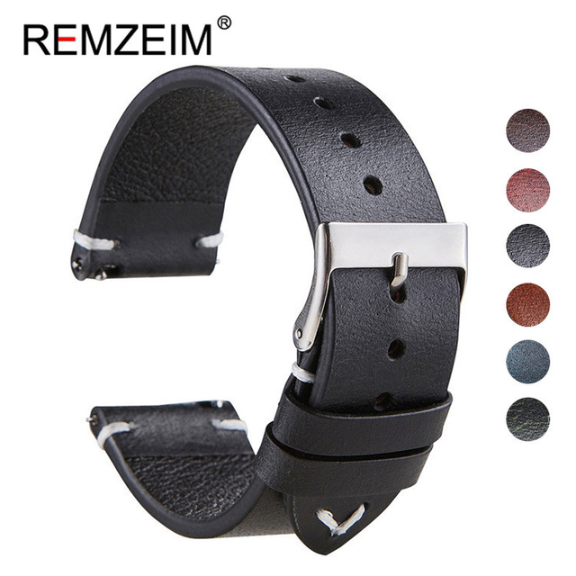 REMZEIM 18mm 20mm 22mm High-end Retro 100% Calfskin Leather Watch Band Watch Strap With Genuine Leather Straps 7 Colors