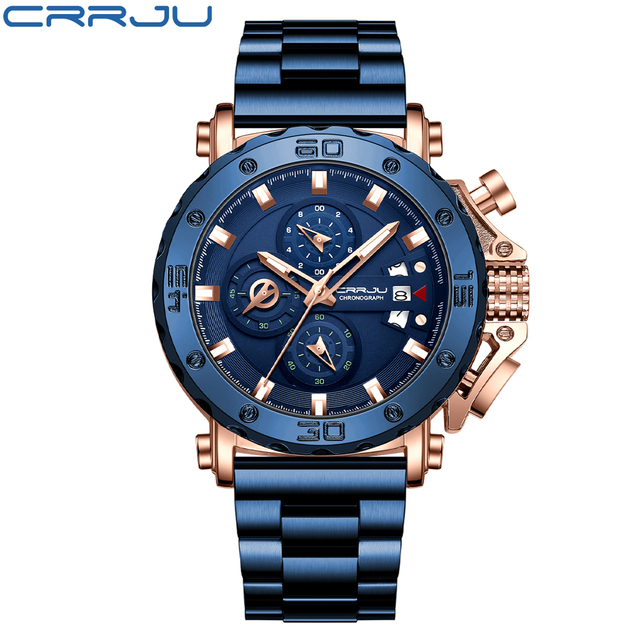 Relogio Masculino CRRJU Sport Chronograph Mens Watches Luxury Brand Full Steel Quartz Watch Waterproof Big Double Watch Men