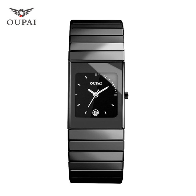 OUPAI Old Fashion Black Ceramic Rectangle Business Watch Men Ultra-thin Classic Ra80030Do Waterproof Anti-scratch Wrist Watch