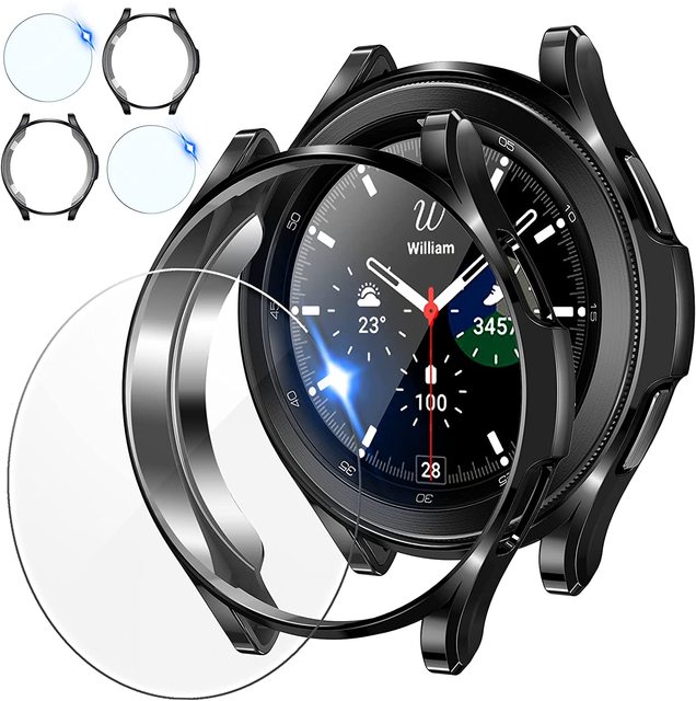 2 pack tempered glass protective film and 2 pack tpu watch cover accessories bumper set for Samsung Galaxy Watch4 classic 46/42