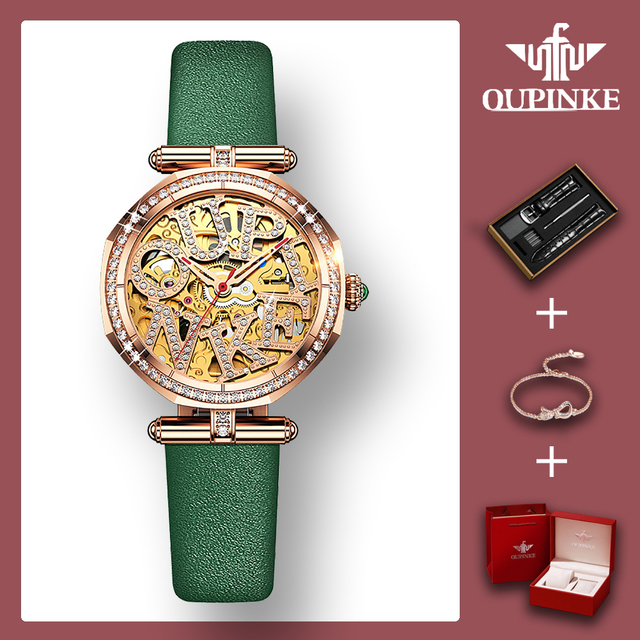 OUPINKE Genuine Leather Strap LuxuryTop Brand Women Wristwatches Fashion Waterproof Automatic Mechanical Watch for Women