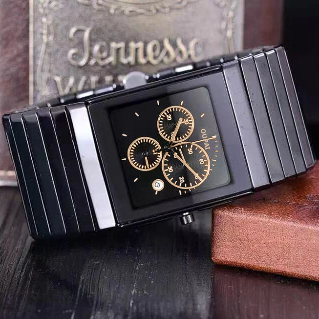 OUPAI 2021 New Arrival Rectangle Black Ceramic Quartz Watch Man Ultra-thin Timing Stop Watch Function Waterproof 35mm Wide