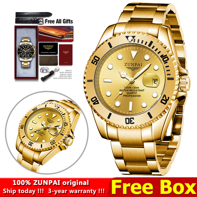 100% Original ZUNPAI Watch Men Sport Water Resistant Diving Wristwatches Stainless Steel Gold 2022New Luxury Fashion TOPBrand