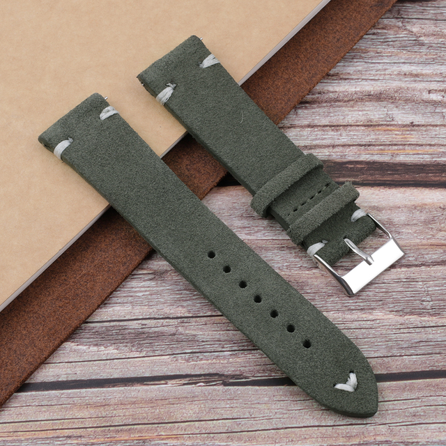 Onthelevel Handmade Dark Green Suede Leather Watch Strap Bands 18mm 20mm 22mm Stainless Steel Buckle With White Black Stitching