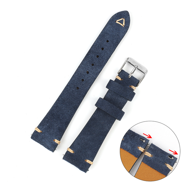 Vintage Suede Leather Watch Band 20mm 22mm Blue Brown Watch Strap Replacement Wristband Handmade Stitching Watchband