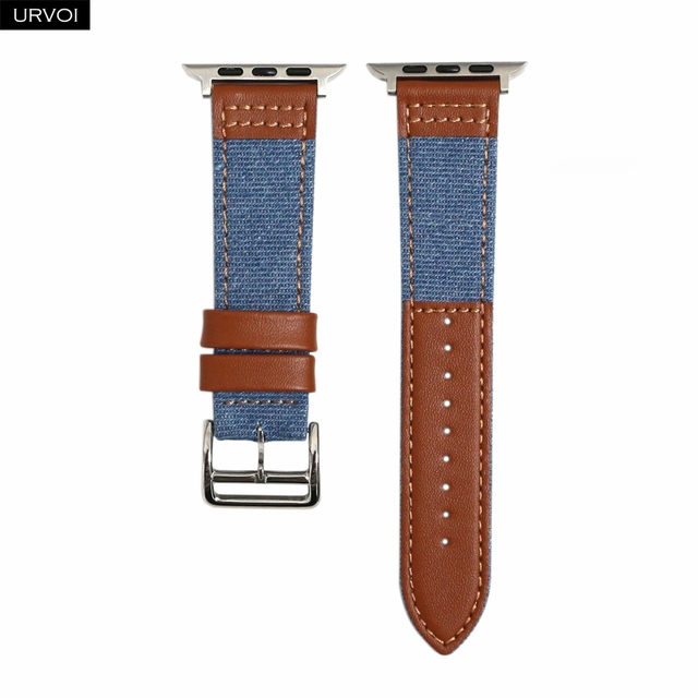 URVOI Band for Apple Watch Series 7 654321SE Jean Band with Genuine Leather Strap for iWatch Denim Design Canvas Wrist