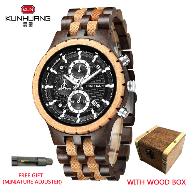 Kunhuang Business Men's Watch Wooden Stopwatch Date Display Chronograph Quartz Wrist Watches relogio masculino