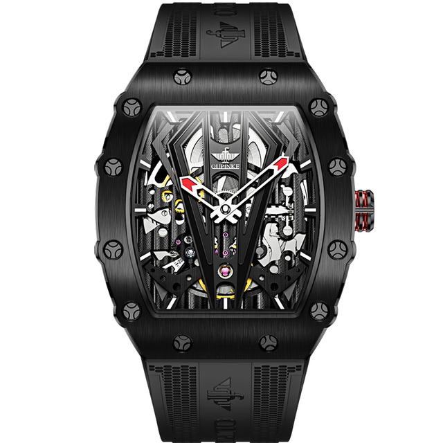 OUPINKE Luxury Watches Men Automatic Mechanical Silicone Sapphire Mirror Tonneau Skeleton Watch Waterproof Top Brand Sport