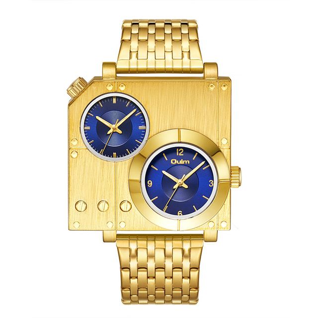 New Arrive Oulm Golden Luxury Brand Man Watch Stainless Steel Big Size Quartz Clock Two Time Zone Military Men Wristwatch