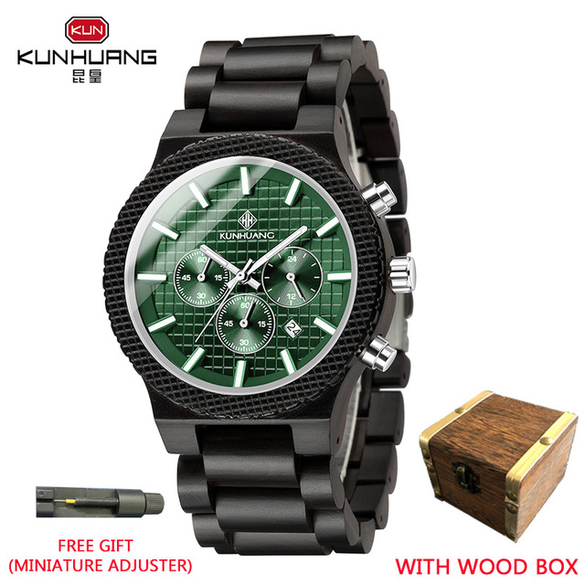 Kunhuang Luxury Elegant Men Wood Watch Military Chronograph Watches Quartz Relogio Masculino Custom Dropshipping