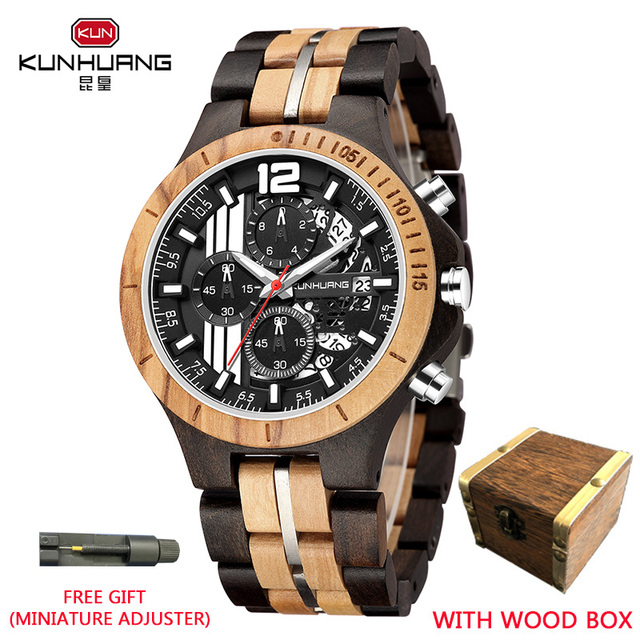 Kunhuang Handmade Wooden Watch Men Water Military Watches Chronograph Quartz Watches relogio masculino men gifts