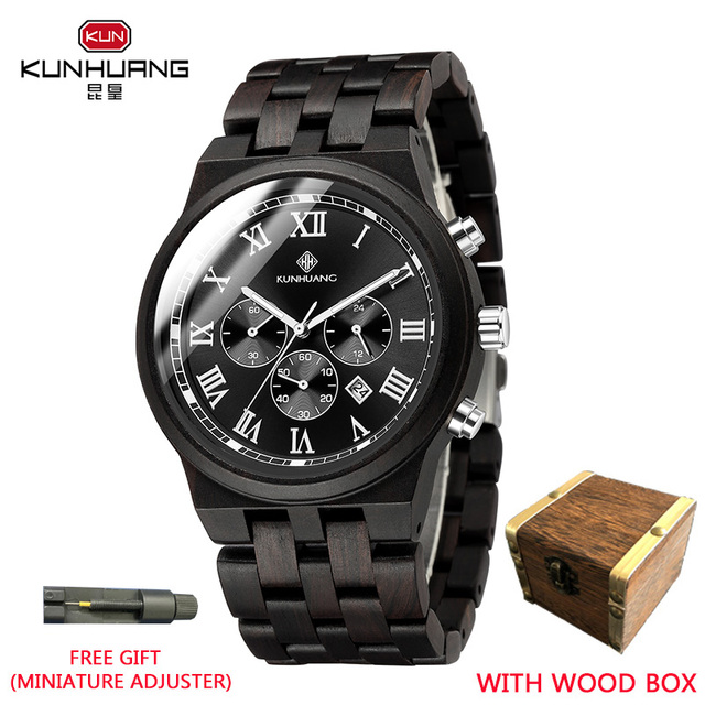 Kunhuang Wooden Men Watches Relogio Masculino Luxury Brand Stylish Chronograph Military Watch Great Gift for Man OEM