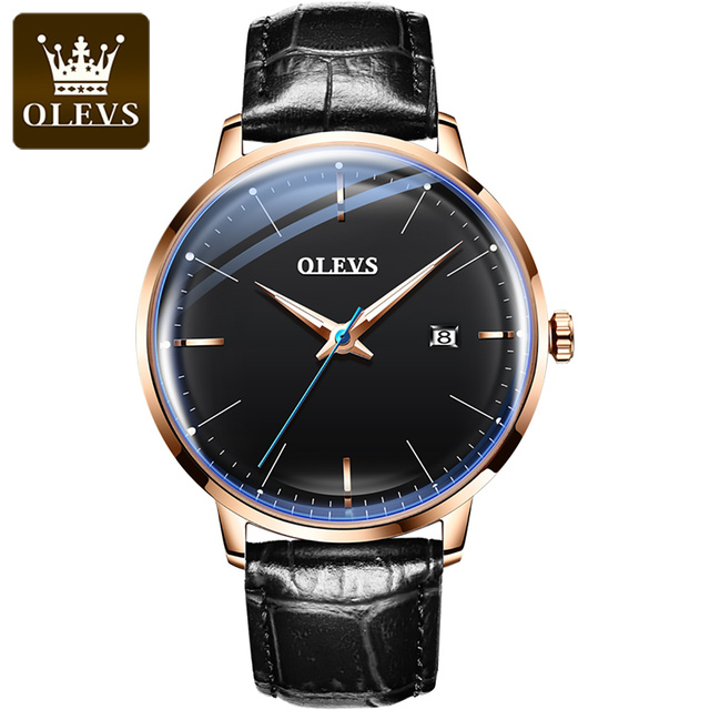 OLEVS 2022 Luxury Fashion Men's Watches Black Automatic Calendar Leather Strap Luminous Hands Waterproof Mechanical Watch Men