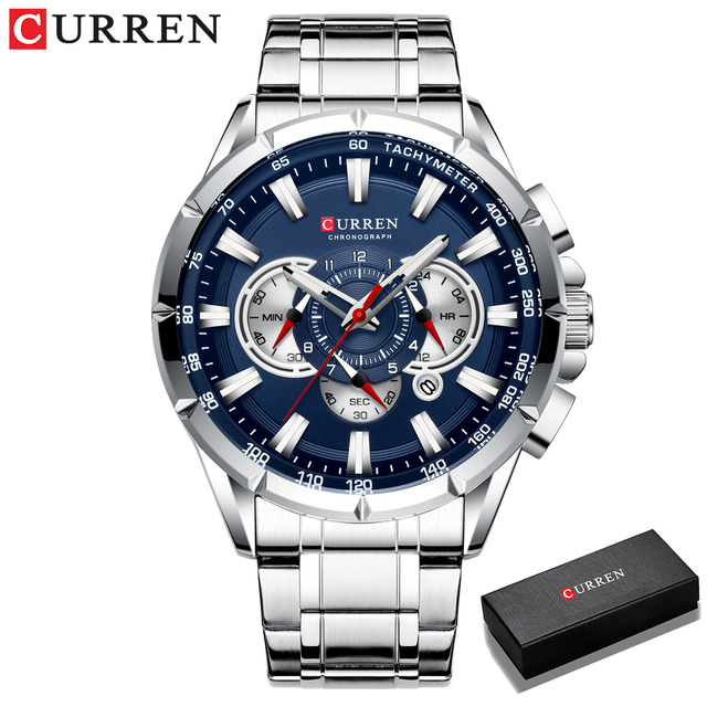 CURREN New Casual Sports Watch Men's Chronograph Stainless Steel Band Watch Large Wristwatch Quartz Watch With Luminous Pointers