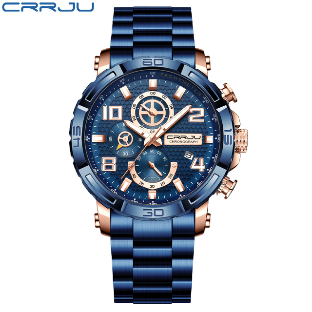 CRRJU Men's Watches Large Dial Waterproof Stainless Steel With Luminous Hands Date Sports Chronograph Watches Relogio Masculino