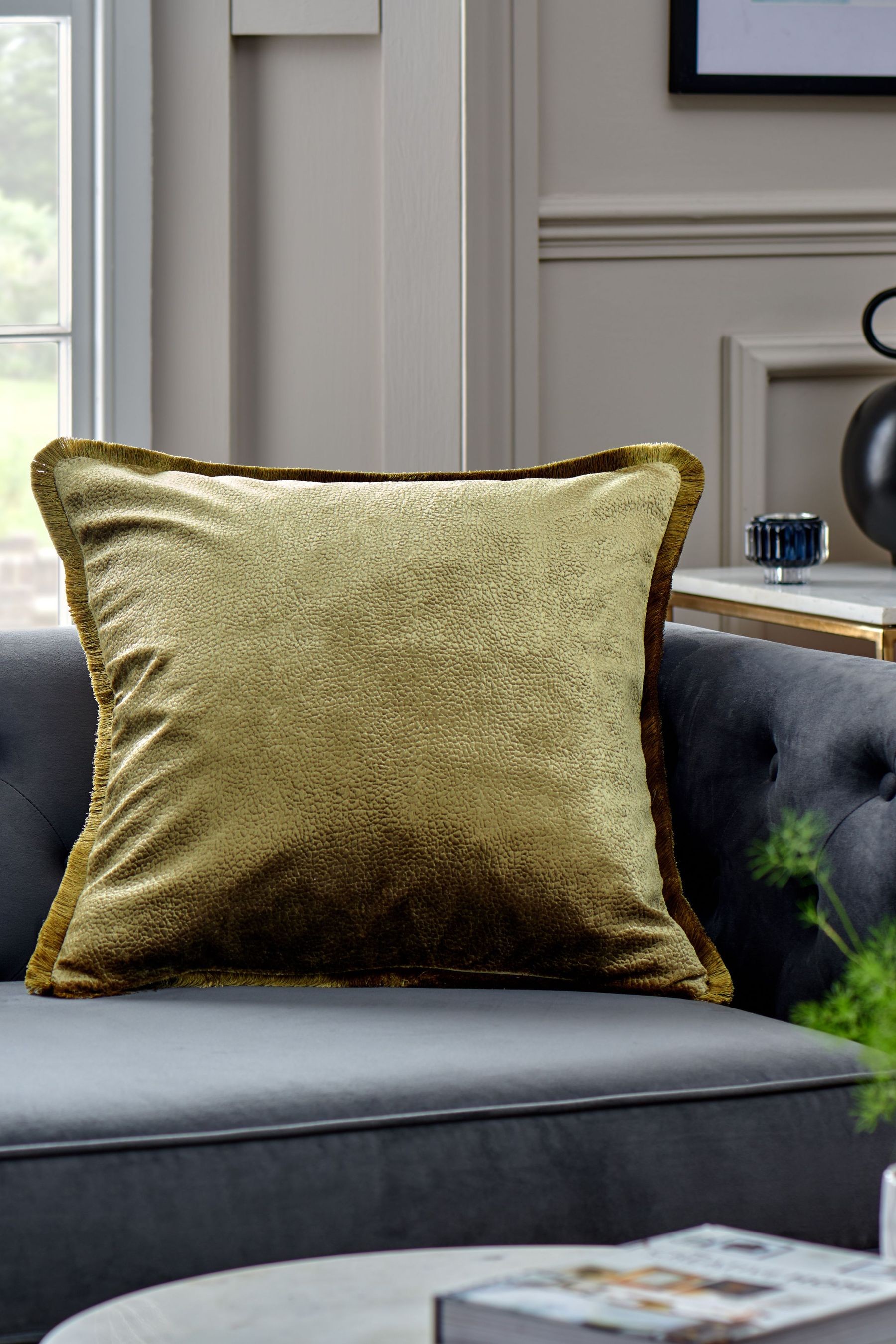 Collection Luxe Textured Velvet Fringe Cushion With Feather Pad