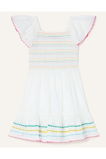 Monsoon White Shirred Ricrac Trim Dress