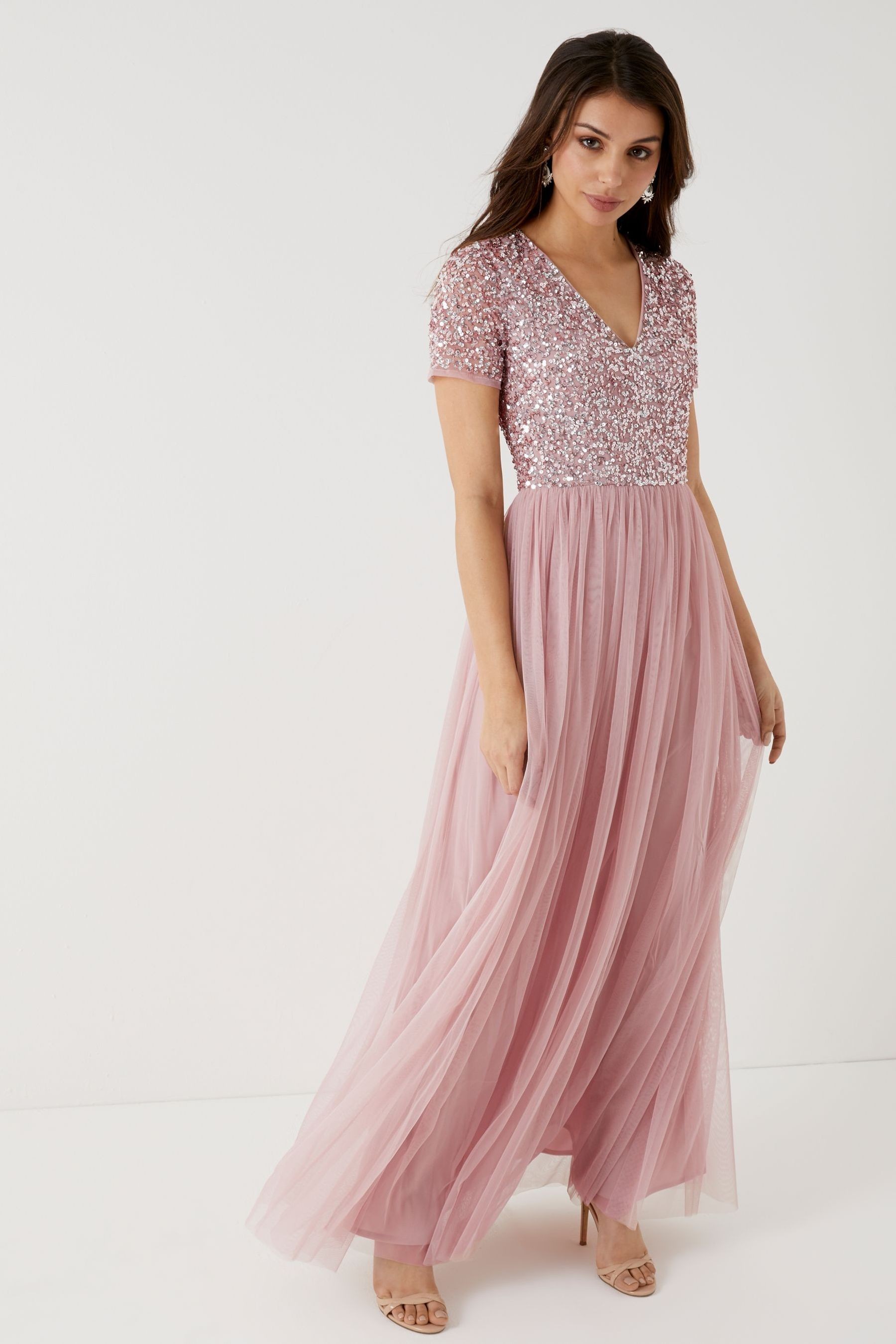 Maya V Neck Short Sleeve Sequin Maxi Dress Petite