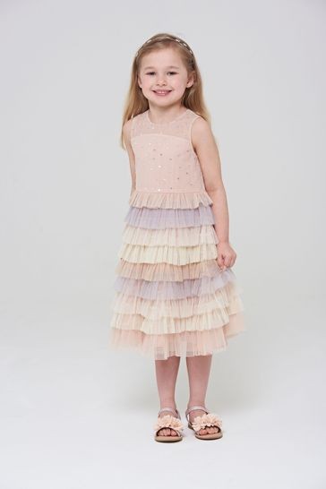 Amelia Rose Pink Sequin Bodice Dress With Multicolour Skirt